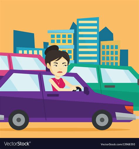Angry Asian Woman In Car Stuck In Traffic Jam Vector Image