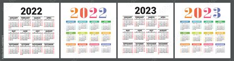 Vettoriale Stock Calendars 2022 And 2023 English Colorful Vector Set