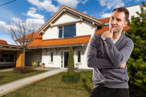 Cheerful Man Standing In Front Of New House Stock Image Image Of