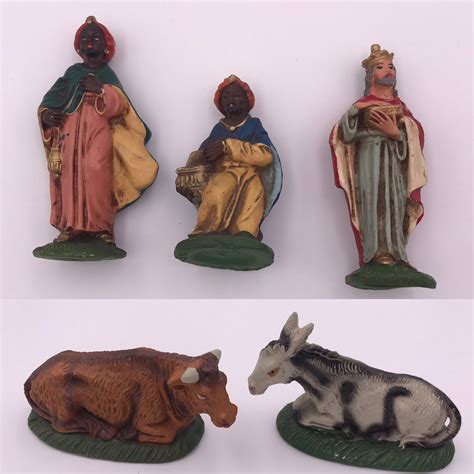 Vintage Nativity Set Mid Century Chalkware Painted Figurines Made In
