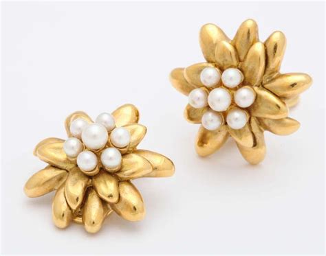 gold and pearl flower earclips pearl flower pearls clip on earrings