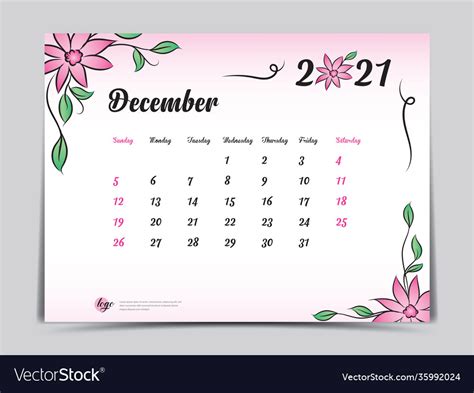 Calendar 2021 Template December 2021 Pink Flower Vector Image