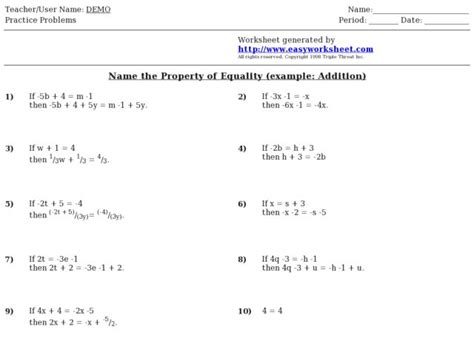 Properties Of Real Numbers And Equality Worksheet