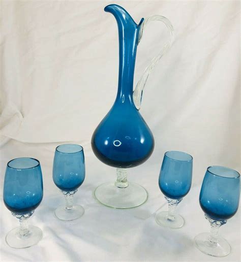 Vintage Empoli Italian Art Glass Cobalt Blue Wine Decanter Set Mid Century Mcm Midcenturymodern