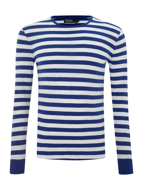 Polo Ralph Lauren Long Sleeved Striped Crew Neck T Shirt In Blue For