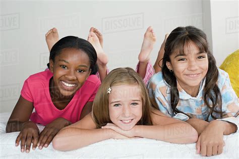 Three Girls 10 11 Having Fun At Slumber Party Stock Photo Dissolve