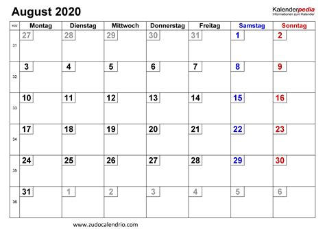 August) ist in teilen deutschlands, darunter auch im saarland, gesetzlicher feiertag. Drucken Kalender August 2020 Mit Feiertagen | Zudocalendrio