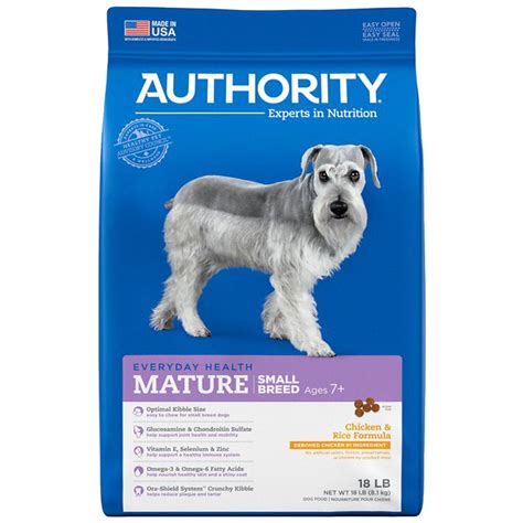 Regardless of breed size, the food should be complete and balanced for growing puppies. Authority Chicken & Rice Formula Small Breed Senior Dry ...