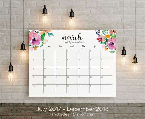 2017 2018 Planner Big Wall Calendar Printable Instant T