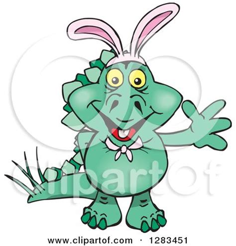 Clipart of a Friendly Waving Green Stegosaur Dinosaur Wearing Easter