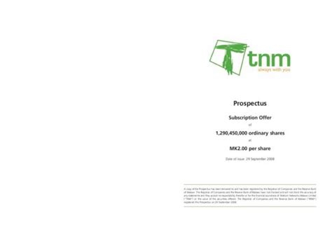 Telekom Networks Malawi Plc Tnm 2008 Prospectus