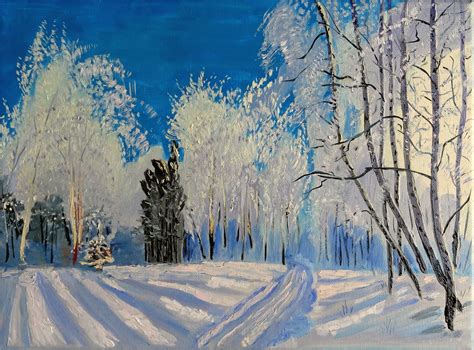 Winter Painting Landscape Original Art Birch Tree Forest Etsy