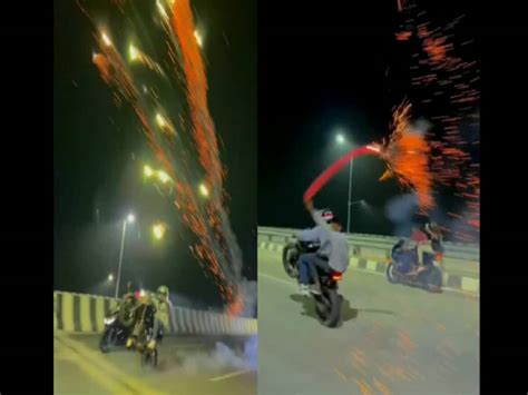 Tamil Nadu Viral Video Bikers Performing Stunts Bursting Firecrackers