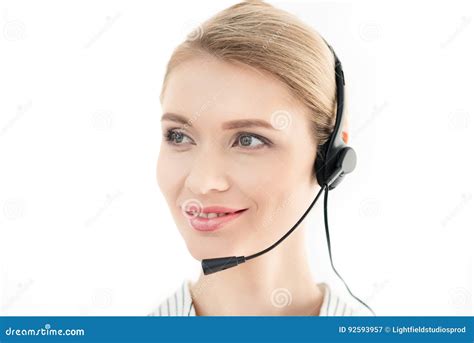 Portrait Of Smiling Call Center Operator In Headset Stock Image Image Of Woman Corporate