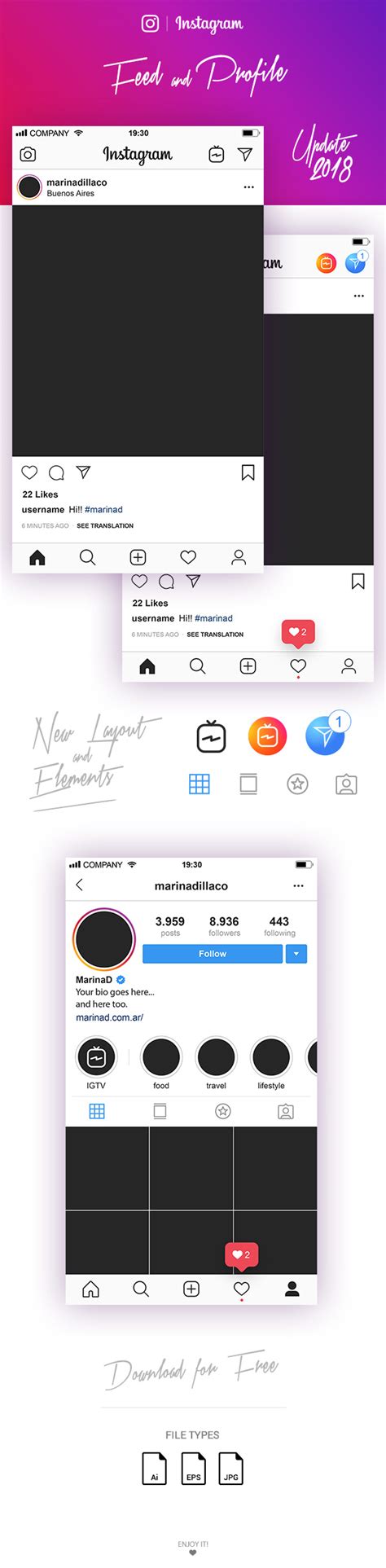 Free Instagram Layout Feed And Profile Ui 2018 Marinad