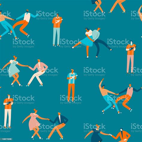 Dancing Couples In 50s Retro Style Seamless Pattern In Vector Cartoon