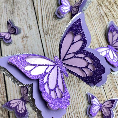 3d Purple Silver Glitter Butterflies Set Of 6 Butterflies Wall