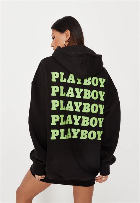 Playboy X Missguided Black Oversized Slogan Hoodie Dress Missguided