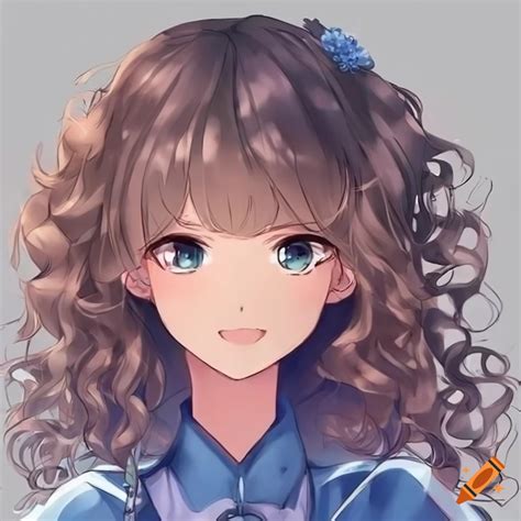 Cute Anime Girl With Blue Themed Clothing And Curly Hair