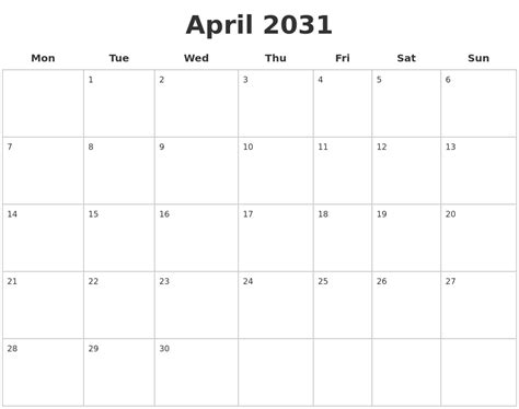 April 2031 Blank Calendar Pages
