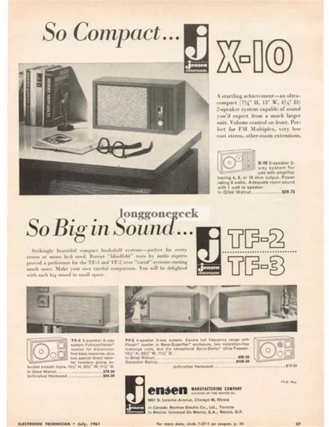 1961 Jensen X 10 Bookshelf Hi Fi Stereo Speakers Vintage Ad 795