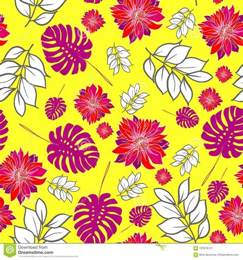 Bright And Colorful Hand Drawn Hawaiian Tropical Leaves And Flowers