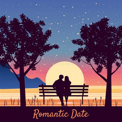 romantic date couple lovers on bench in park under trees sunset night stars vector happy