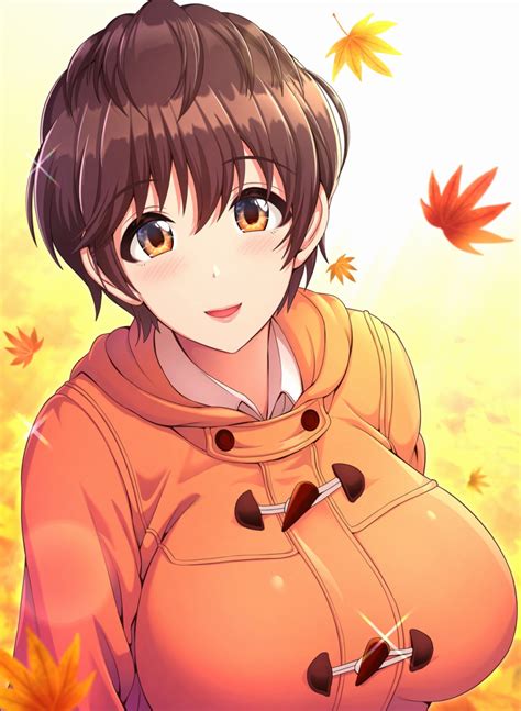 Safebooru 1girl Autumn Autumn Leaves Bangs Blush Breasts Brown Eyes Brown Hair Commentary