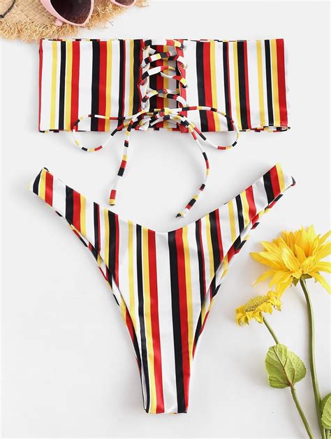 Zaful Lace Up Colorful Stripe Bikini Set Multi Affiliate Colorful