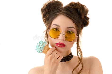 Fashionable Brunette Woman In Round Glasses With Ice Cream In Hand