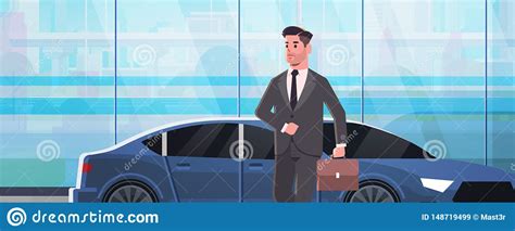 Businessman Standing Near Luxury Car Man In Suit Holding Suitcase Going