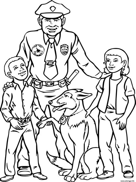 Coloriage Chien Policier Et Officier Avec Deux Enfants Dessin Police