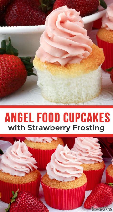 My delicious angel food cake is light as air, soft as clouds and just about perfect with a dollop of whipped cream and a smattering of berries. Angel Food Cupcakes with Strawberry Frosting | Recipe ...