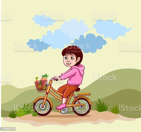 Girl Riding A Bicycle Stock Illustration Download Image Now Basket Bicycle Bicycle Basket