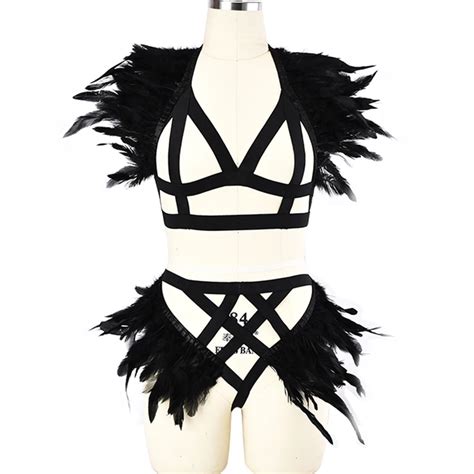 Halloween Exaggeration Feather Cage Harness Bra Goth Festival Rave Wear Feather G String Briefs