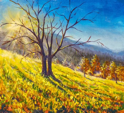 Colorful Original Oil Painting Bare Tree By An Autumn Field Painting