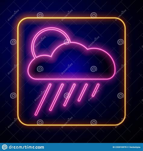 Glowing Neon Cloud With Rain And Sun Icon Isolated On Black Background