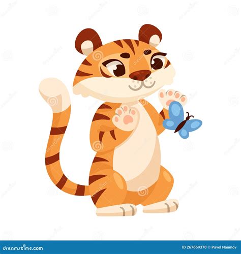 Cute Tiger Cub With Striped Orange Fur Playing With Butterfly Vector