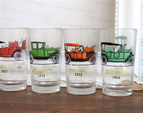 Vintage Set Of Four Antique Car Drinking Glasses Etsy