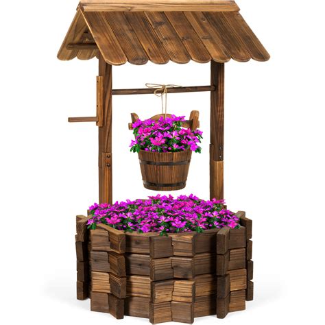 Bcp Rustic Wooden Wishing Well Planter Yard Decoration W Hanging