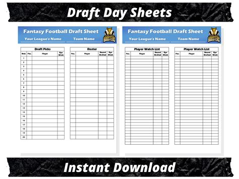 Fantasy Football Draft Day Sheets 2023 Season Microsoft Word Instant