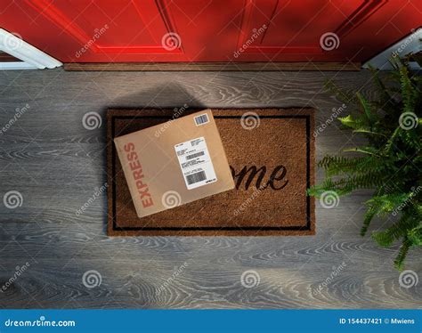 Express Box Delivered Outside Residential Front Door Stock Image