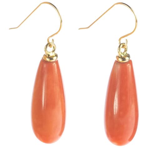 Pink Natural Coral Bold Tear Drop Karat Yellow Gold Dangle Drop