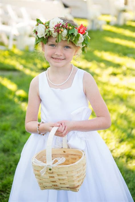 summer wedding flower girl style floral crown pearl necklace woven basket amelia anne