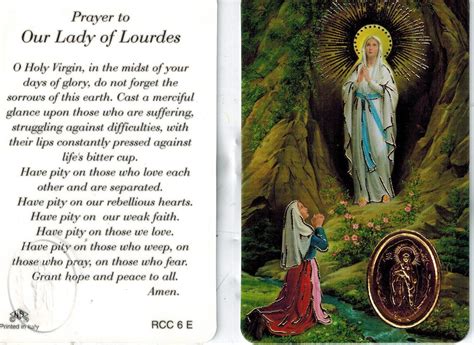 Prayer To Our Lady Of Lourdes Prayer Card With Embedded Medal