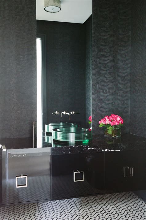 Modern Powder Room With Black Snake Skin Textured Wallpaper Floating