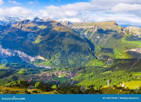 Lauterbrunnen Valley Aerial View In Swiss Alps Switzerland Stock Photo
