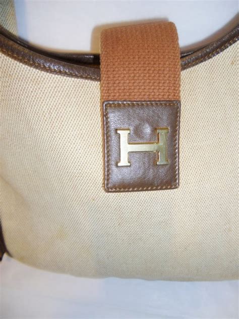 Hermes Vintage Natural Canvas And Brown Leather Trim Shoulder Handbag
