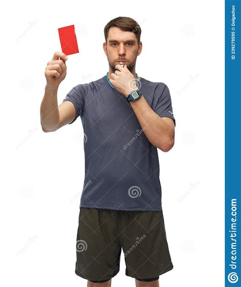 Referee Whistling Whistle And Showing Red Card Stock Image Image Of