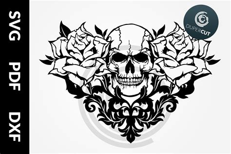 SVG / PDF / DXF Skull with Roses, Papercutting Template